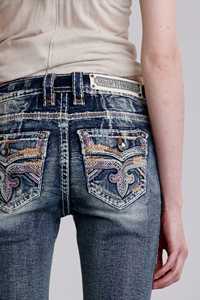 Pantalones vaqueros ajustados de cintura media con volantes de patchwork, 100% algodón, lavado oscuro, diseño bordado - Product Image 5