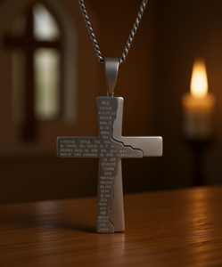 Collana da uomo con ciondolo a croce in acciaio inossidabile, con la Preghiera del Signore, catena a corda religiosa, placcata in rodio, per uso quotidiano, idea regalo - Product Image 2