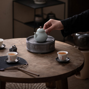 Antique Tin Teapot Stand Round With Lid Water Storage Five Oxen Design Kung Fu <b>Tea</b> <b>Set</b> - Product Image 4