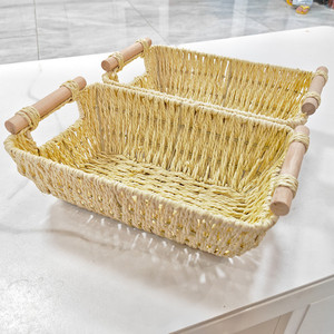 <span class=keywords><strong>Panier</strong></span> <span class=keywords><strong>de</strong></span> rangement rectangulaire moderne en corde <span class=keywords><strong>de</strong></span> papier tressée fait main OEM avec poignées en bois, écologique, pour l'organisation <span class=keywords><strong>de</strong></span> table <span class=keywords><strong>et</strong></span> d'étagère <span class=keywords><strong>à</strong></span> la maison - Product Image 2
