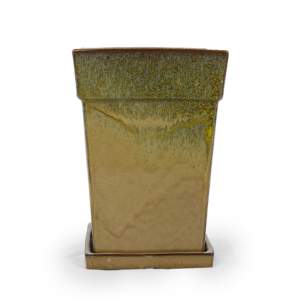 Pot de fleurs en céramique émaillée bicolore contemporain américain avec soucoupe et trou de drainage, vert foncé beige, carré, intérieur/extérieur - Product Image 6