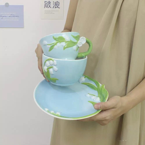 Hand-crafted Modern Sustainable <b>Reusable</b> Portable Embossed Bell Orchid Pattern Light Blue Glaze Ceramic Coffee <b>Cup</b> Saucer Set - Product Image 2