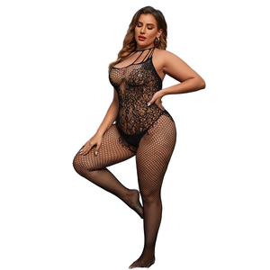 Mono de lencería sexy transpirable de jacquard de talla grande con cuello halter y entrepierna abierta, sin necesidad de quitarse, para pasión, tejido. - Product Image 1