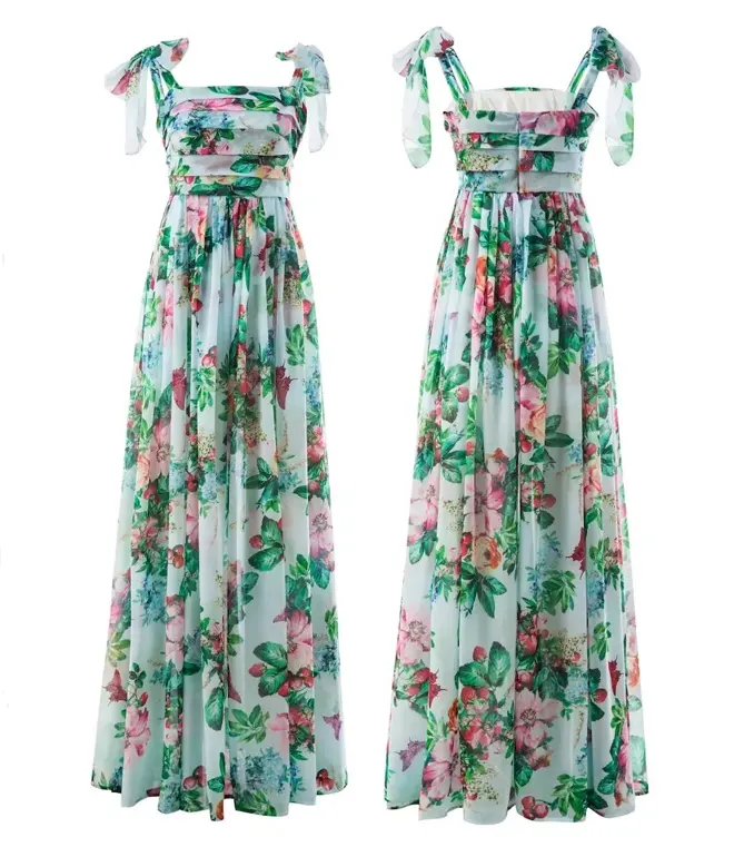 Maxi Dress for Women Bohemian Style Floral Print Elegant Chiffon Long Dress Bow-knot Shoulder Pleated Ruffles Dress