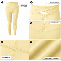 Leggings de yoga taille haute pour femme en Spandex/Nylon jaune pâle, longueur intégrale, avec effet froncé au dos, respirants et extensibles dans les quatre sens