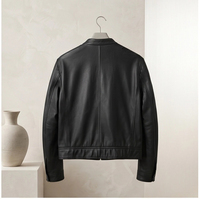 Veste en cuir pour femme en peau de mouton, noire, col montant, fermeture éclair, multi-poches, légèrement décontractée, courte, style biker
