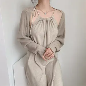 One size Fashion knitted Y2K dress Autumn/Winter Shawl Hanging Neck Sweater+Strap Sweater Long Dress Two piece set