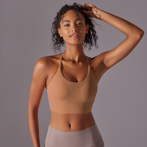 Women Halter U Neck Sports Bra Thin T <b>Back</b> Strap Removable Pads Yoga Bra <b>Low</b> Support Slim Stretch Athletic Crop <b>Top</b> OEM ODM - Product Image 1