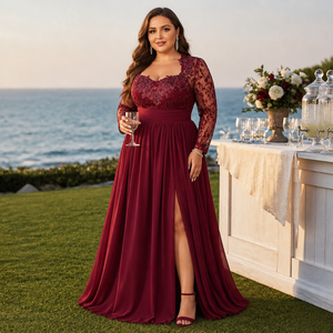 Abito da sera formale in chiffon taglie forti <span class=keywords><strong>con</strong></span> scollo a cuore, maniche lunghe in pizzo effetto illusione, applicazioni floreali in pizzo, vita arricciata e <span class=keywords><strong>spacco</strong></span> frontale - Product Image 1