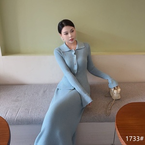 Women's Knitted <strong>Set</strong> <strong>Square</strong> Collar Button Front Long Sleeve Top Flared Maxi Skirt Ribbed Knit Fabric Minimalist All Sweater <strong>Set</strong> - Product Image 3