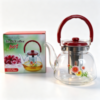 Théière en verre borosilicate à imprimé floral, poignée rouge, grande capacité, avec infuseur amovible, cadeau idéal pour la famille et les amis