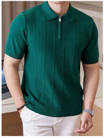Vente en gros de T-shirts personnalisés pour hommes, coupe ajustée, tricot texturé vertical, col en V, manches courtes, respirant, décontracté, uni, pour l'été