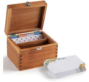 Acacia Wood Double Compartment <strong>Recipe</strong> <strong>Box</strong> Set 100 4x6 Cards with 8 Dividers Thick Card Stock Stand for Kitchen Counter Storage - Product Image 1