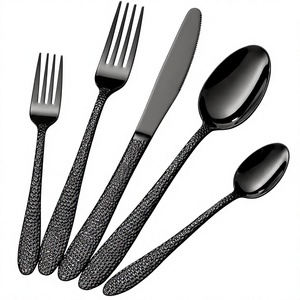 Ensemble de couverts en acier inoxydable noir 5 pièces avec manche martelé diamanté, couteau, fourchette et cuillère pour la maison, l'hôtel et la restauration - Product Image 1