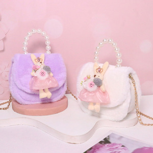 Sac à main en peluche princesse pour filles, nouvelle collection automne/hiver, avec perles, sac bandoulière mignon lapin pour petite fille, <span class=keywords><strong>petit</strong></span> sac isotherme pour primaire - Product Image 2