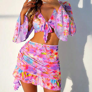 Conjunto de dos piezas sexy, Top corto de malla con estampado de colores, cárdigan, minifaldas, ropa de playa, trajes de vacaciones, Verano - Product Image 1
