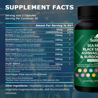 Complément Herbal Ashwagandha Solilan OEM Marque Privée en Capsules avec Mousse de Mer Irlandaise, Fucus, Racine de Bardane, Vitamine C et D3