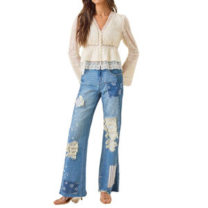 Chemise à manches longues en dentelle florale en coton 95% et élasthanne 5% pour femmes, col en V, boutons sur le devant, élégante, pour le bureau, printemps 2026 - Product Image 6