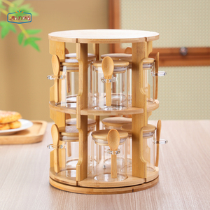 360&deg; <strong>Rotating</strong> <strong>Spice</strong> Bamboo Tabletop <strong>Rack</strong> With <strong>Spice</strong> Jar Set Household High Borosilicate Glass <strong>Rotating</strong> Containers Storage - Product Image 3