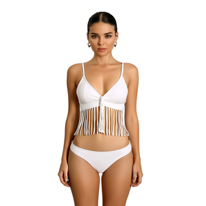 HDJ One Piece Swimsuit <b>Plus</b> <b>Size</b> Deep V Neck Tassel Crop <b>Top</b> Solid Color Women Swimwear Beachwear 40 42 44 46 - Product Image 1