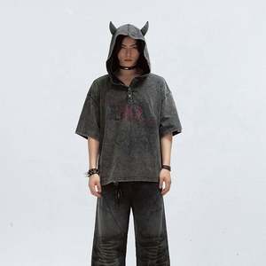 Sudadera con Capucha Corta de Verano para Mujer, 100% Algodón, Estilo Vintage, Lavado Y2K, Estampado Digital, Orejas de Cuerno - Product Image 2