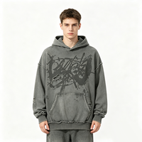 Sweat à capuche oversize streetwear délavé et effiloché, imprimé graffiti abstrait Kornit DTG, effet brossé