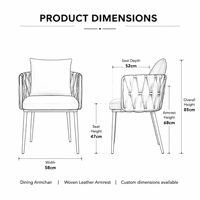 Fauteuil de salle à manger moderne avec dossier en cuir tressé, accoudoirs en cuir, coussin de siège en bouclette, ergonomique, éco-responsable, pieds en métal, mobilier de maison