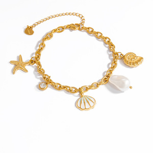 Ocean Theme Seashell Charm <b>Bracelet</b> For Women 18k Gold Plated Titanium Steel Jewelry Starfish Pearl Pendant Vacation Style - Product Image 5
