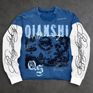 เสื้อยืดแขนยาววินเทจ สตรีทแวร์ ลายกราฟิก ผ้าวาฟเฟิลเนื้อนุ่ม เสื้อทรงโอเวอร์ไซส์ ดีไซน์ขาดๆ แบบสองชั้น - Product Image 2