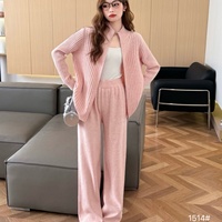 Ensemble deux pièces en tricot uni pour femme, col montant, fermeture éclair, cardigan, pantalon droit, longueur entière, élégant, doux, pull d'hiver