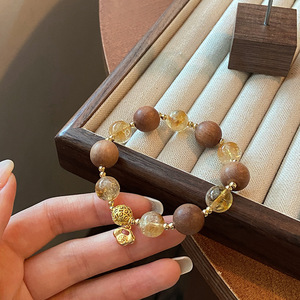 Bracelet bohème en bois perlé avec pierres d'agate et breloque plaquée or, cadeau unisexe, bijoux - Product Image 3