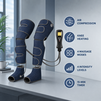 Bottes de massage des jambes à pression d'air avec chauffage des genoux, 4 modes, 4 intensités et minuteur de 15 minutes pour usage domestique, bleu marine avec bordure grise