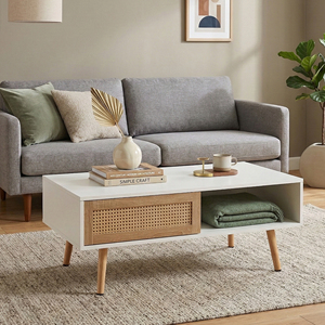 Rattan <b>Coffee</b> <b>Table</b> 41.34 In White With Storage Solid Wood Legs Modern Living Room <b>Table</b> - Product Image 3