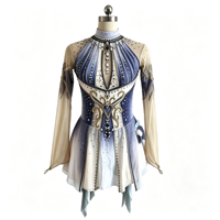 Robe de patinage artistique à motif bleu, blanc et or avec strass pour filles et adultes, col montant, maille, tenue de compétition et de performance