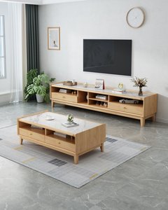 Mesa de Centro Moderna de Roble con Tapa de Mármol y Cajones, Mesa de Té con Almacenamiento para Sala de Estar - Product Image 1