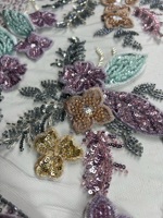 Tissu en dentelle brodée de perles et de sequins lourds, coloré, de luxe, en polyester recyclé certifié GRS, écologique, vente en gros