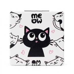 Miroir de poche compact chat noir mignon, tête de chat 3D, effet sable mouvant, étoiles flottantes liquides, paillettes, miroir de maquillage carré double verre - Product Image 3