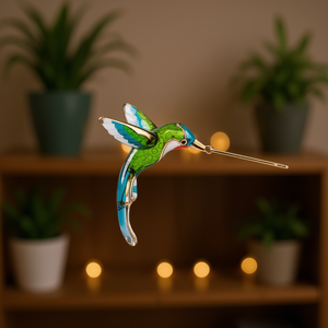 Ornement colibris doré, design feuillage coloré, décoration suspendue artisanale pour salon, style contemporain, pièce unique - Product Image 2