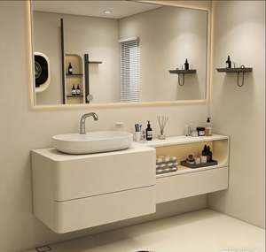 Customized <b>Light</b> Beige Wall Mounted <b>Bathroom</b> <b>Cabinet</b> <b>with</b> Single Sink LED Open Storage <b>Mirror</b> <b>Cabinet</b> for <b>Bathroom</b> Organizer - Product Image 2