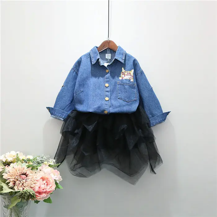 Online grosir toko gadis Denim T-shirt sebelas rok anak-anak Set pakaian pakaian