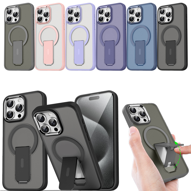 Hide Kickstand Frosting Skin Touch Phone Case for iPhone 12 13 14 15 16 Pro Max Wireless Charging Magnetic Transparent Cover