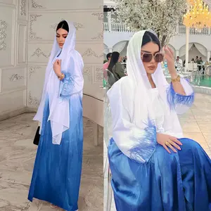 最新设计迪拜两件套中庸阿巴亚卡夫坦休闲连衣裙穆斯林女性长袖带羽毛缎开放式阿巴亚套装