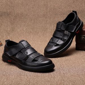 Men's Genuine Leather Flat <b>Sandals</b> <b>Closed</b> <b>Toe</b> Rubber Outsole Breathable Casual Outdoor Shoes - Product Image 1