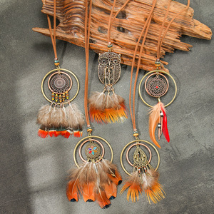 Bohemian Vintage Feather Pendant Necklaces Alloy <b>Copper</b> Unisex Long <b>Chain</b> Handmade Colorful Real Feathers Circle Design - Product Image 1