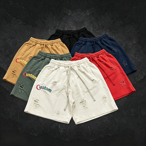 Shorts de sport en coton French Terry délavé et vieilli, bords bruts, respirants pour homme - Product Image 1