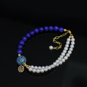 14K Gold Filled Chinese Style <b>Beaded</b> <b>Bracelet</b>, Natural Lapis Lazuli Freshwater Pearl Cloisonne Bead Adjustable <b>Bracelet</b> - Product Image 2