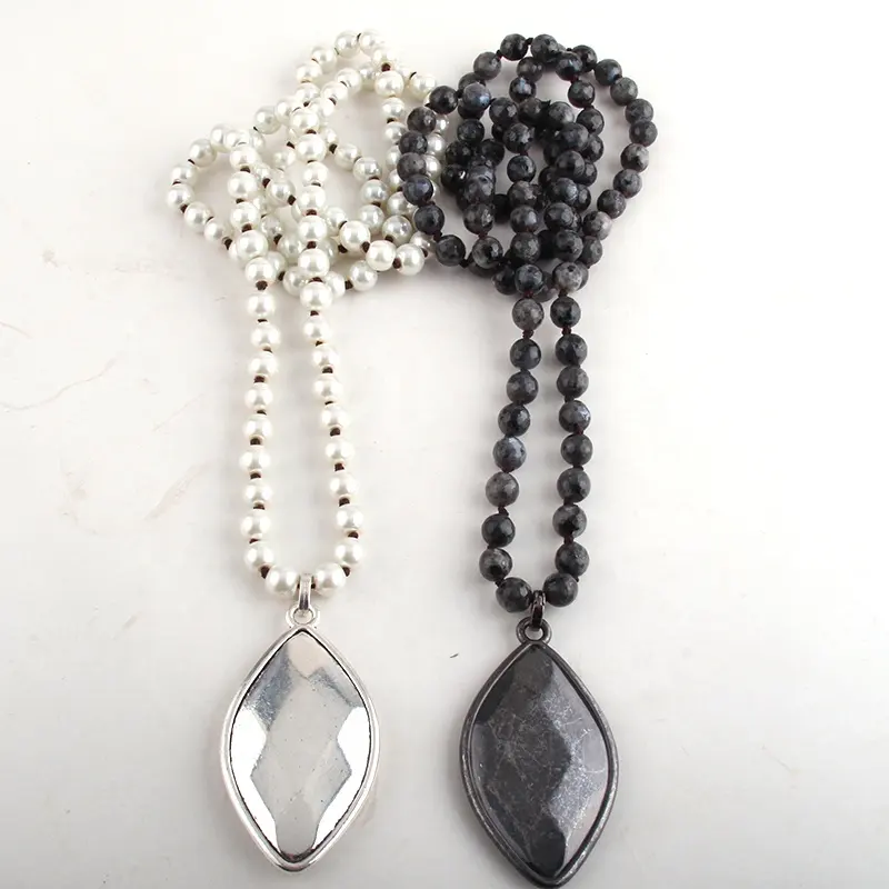 Fashion Bohemian Tribal Jewelry 8mm Glass Pearl & Black Natural Stone Long Knotted Metal Drop Pendant Necklaces