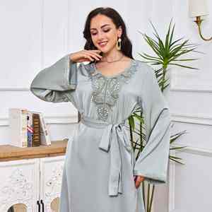 Ropa Islámica al por Mayor para Mujer, Cinturón con Cuentas <span class=keywords><strong>de</strong></span> Oriente Medio, Arabia Saudita, Dubái, Color Sólido, Adornado con <span class=keywords><strong>Perlas</strong></span>, Vestido Abaya Cerrado - Product Image 2