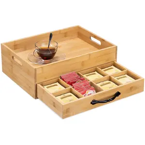קופסת תה ומגש הגשה במבוק עם אחסון לשקיות תה מגירת ארגונית 12 תאים אחסון תה עם מגש נשיאה