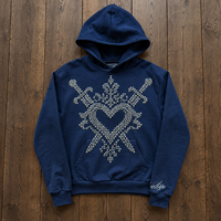 Produsen Pakaian Hoodie Pria Logo Kustom Warna Navy Katun Tebal Berhias Pedang Rhinestone Model Longgar Gaya Gothic Streetwear